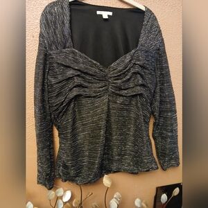 Cato 22/24W Black Top W Silver Strands Gathered Across Bust Long Sleeved